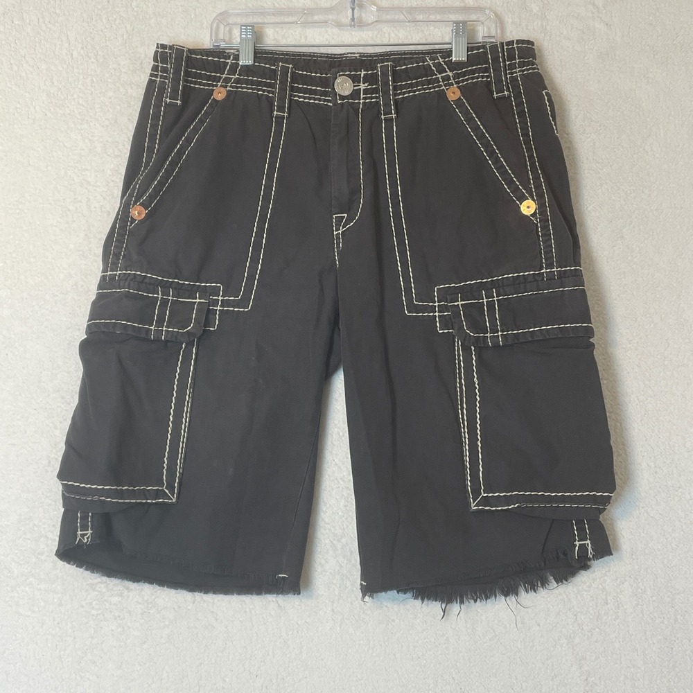 True Religion Issac Cargo Shorts Mens 33 Black Super T Stitching MEG841EH